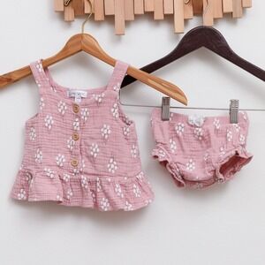 Emily and Oliver Pink Cotton Gauze Balloon Print Peplum Top and Bloomers Set 18M